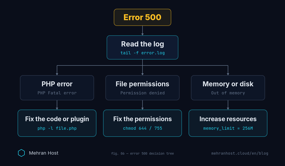 Flowchart for troubleshooting a 500 error: read the server log, then follow one of three branches (a PHP fatal error, file permissions, or running out of memory or disk) to the fix for that branch