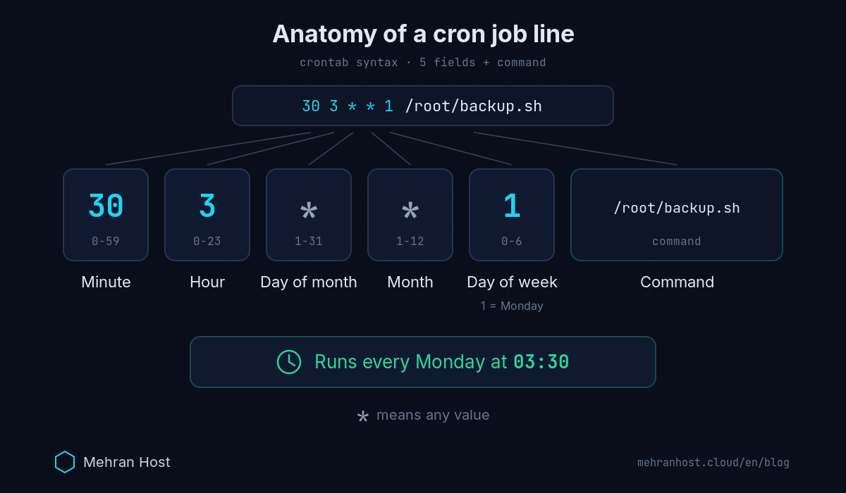 Anatomy of a cron job line: the five crontab fields (minute, hour, day of month, month and day of week) followed by the command