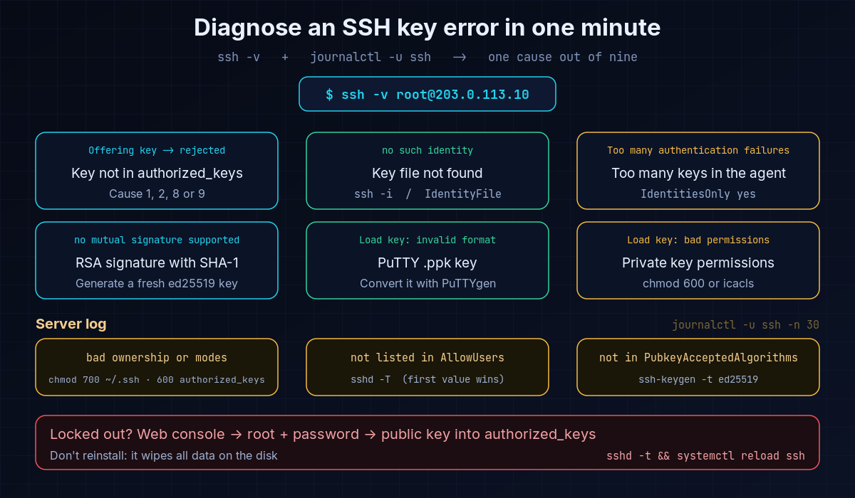 Diagnostic diagram for SSH Permission denied (publickey): from the ssh -v output and the server log to the cause, covering a key missing from authorized_keys, .ssh directory permissions, the key path, the RSA signature algorithm, the PuTTY .ppk format and sshd settings