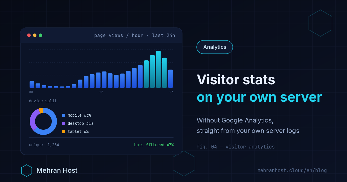 A web server log analytics dashboard: hourly traffic bars, the most-visited pages, the share of requests from bots, and the visitor's real IP recovered from behind a CDN