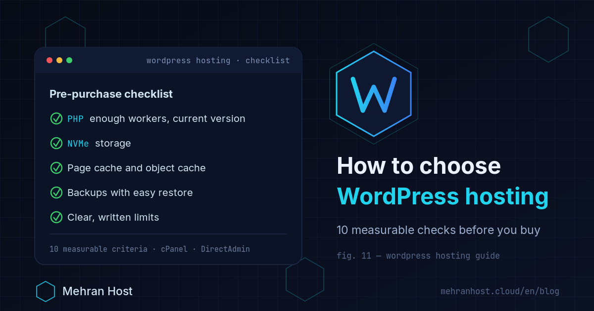 Choosing WordPress hosting with 10 measurable criteria, from PHP workers and NVMe storage to caching and backups, for WordPress and WooCommerce sites