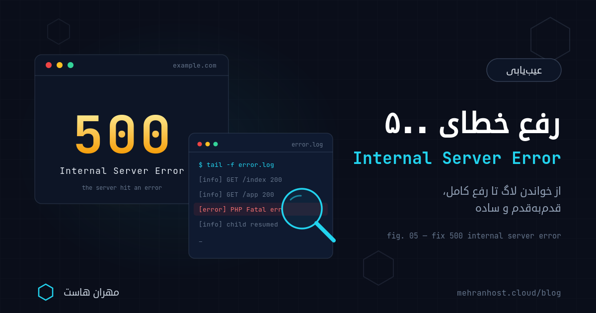 صفحه‌ی خطای 500 Internal Server Error روی نمایشگر و مسیر عیب‌یابی آن در لاگ‌های سرور