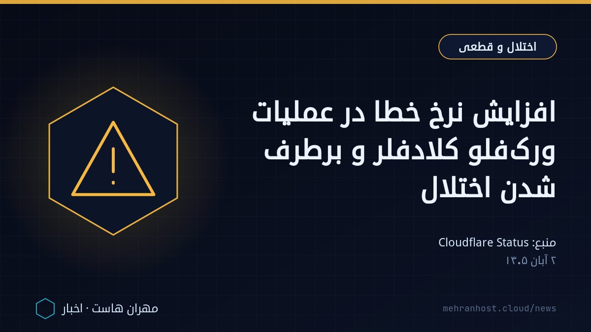 تصویر خبر: افزایش نرخ خطا در عملیات ورک‌فلو کلادفلر و برطرف شدن اختلال — اختلال و قطعی، به نقل از Cloudflare Status