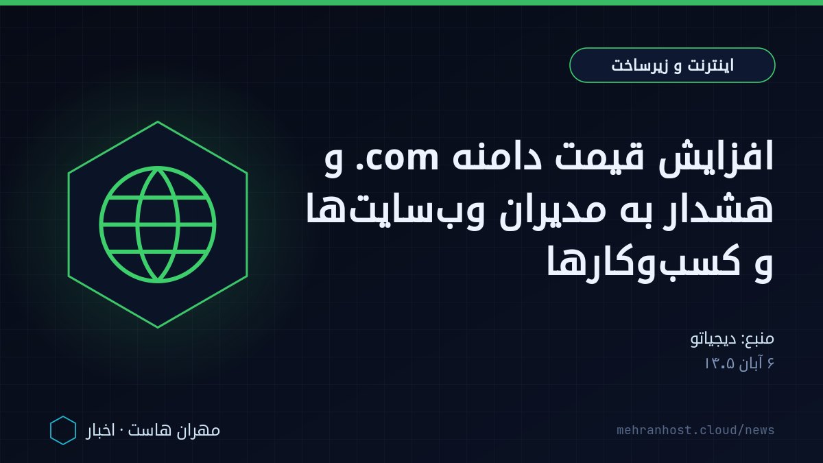 تصویر خبر: افزایش قیمت دامنه com. و هشدار به مدیران وب‌سایت‌ها و کسب‌وکارها — اینترنت و زیرساخت، به نقل از دیجیاتو