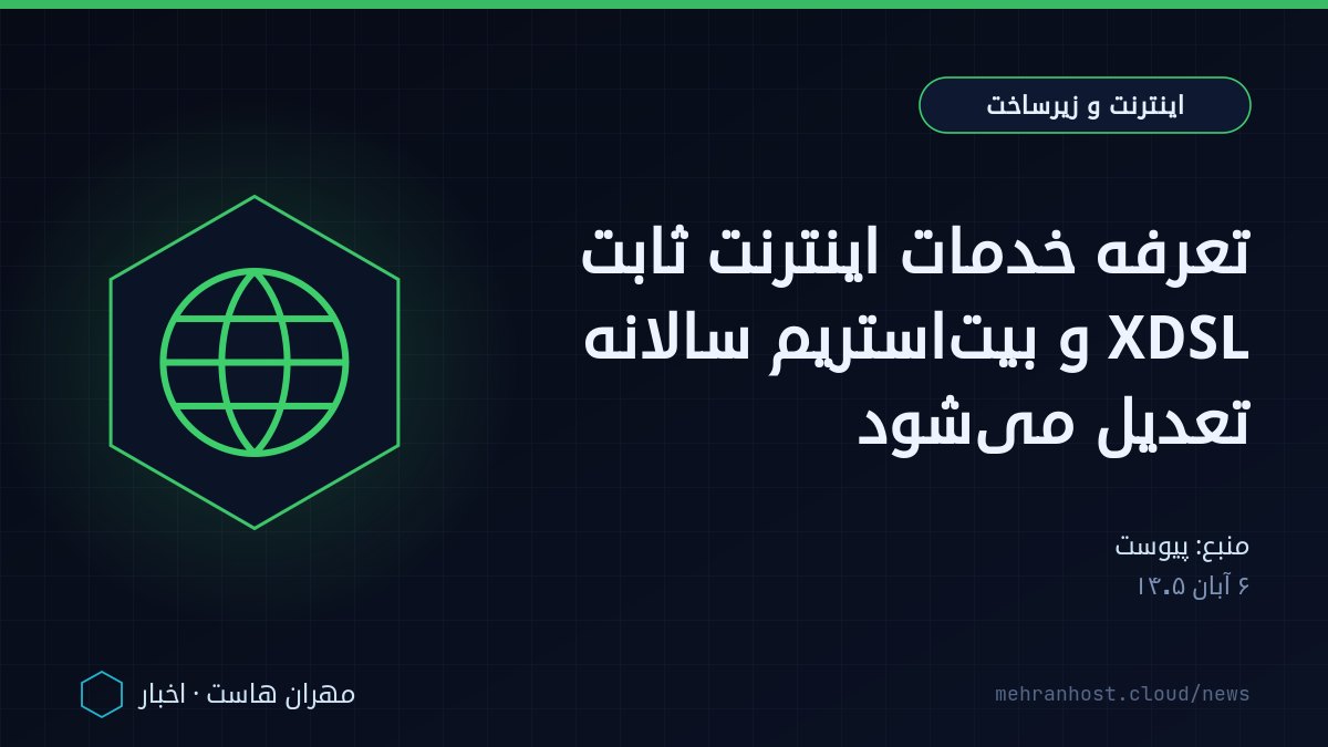 تصویر خبر: تعرفه خدمات اینترنت ثابت XDSL و بیت‌استریم سالانه تعدیل می‌شود — اینترنت و زیرساخت، به نقل از پیوست