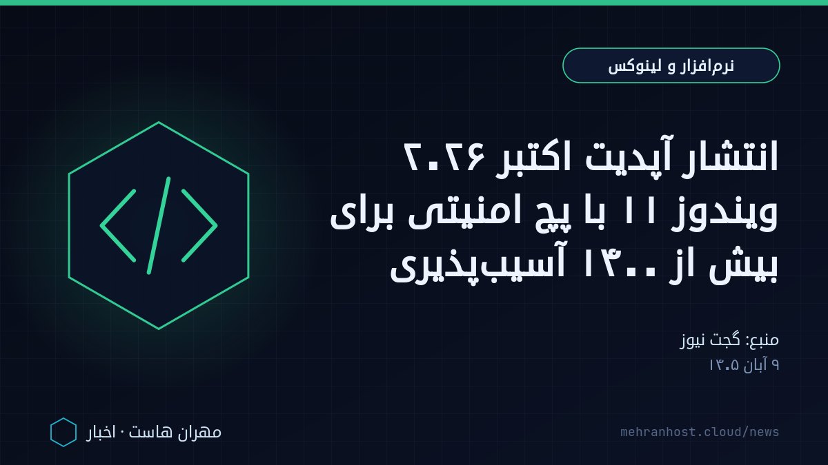 تصویر خبر: انتشار آپدیت اکتبر ۲۰۲۶ ویندوز ۱۱ با پچ امنیتی برای بیش از ۱۴۰۰ آسیب‌پذیری — نرم‌افزار و لینوکس، به نقل از گجت نیوز